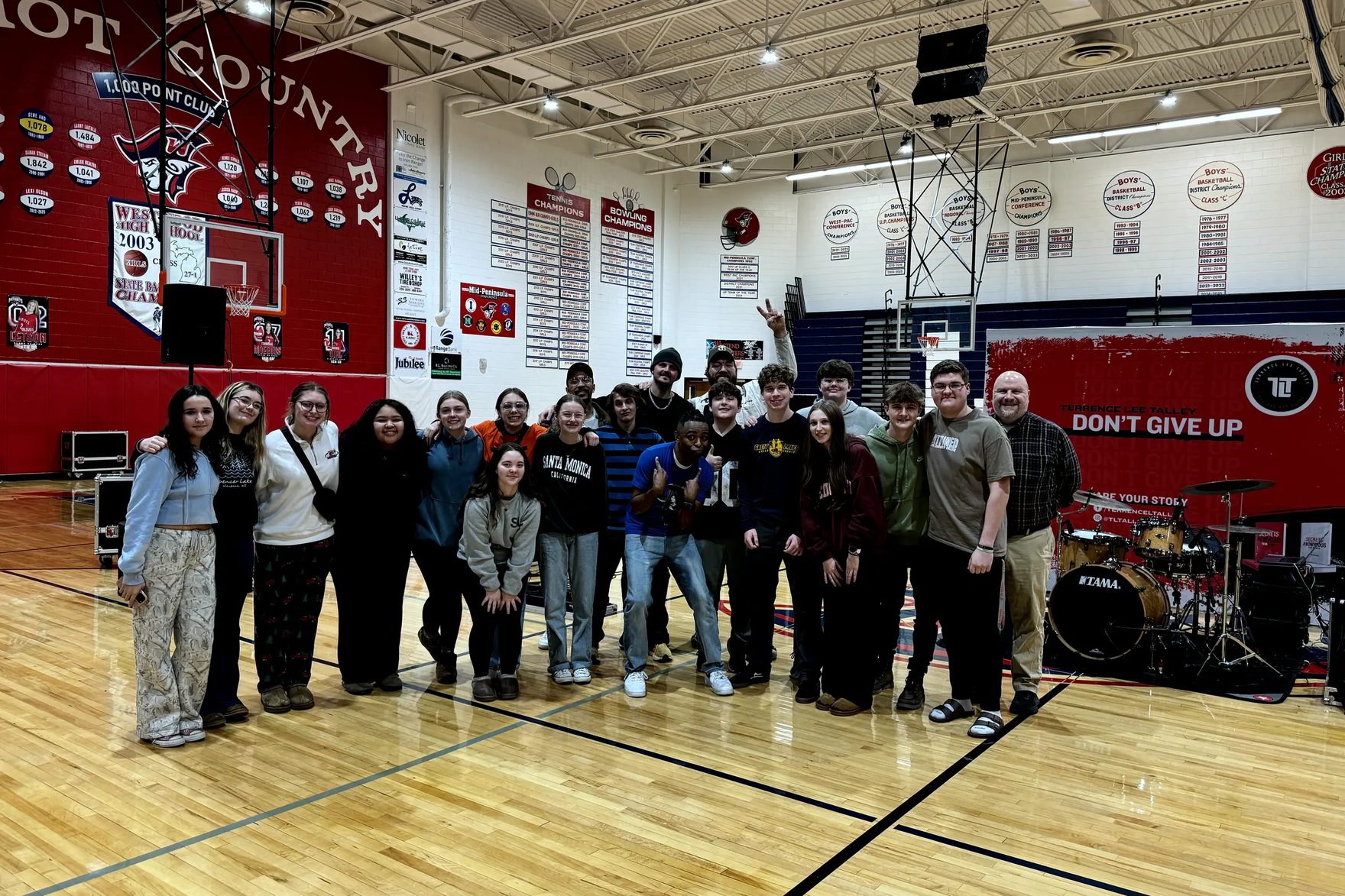 Youth Alive speaker Terrence Talley with students at Westwood school